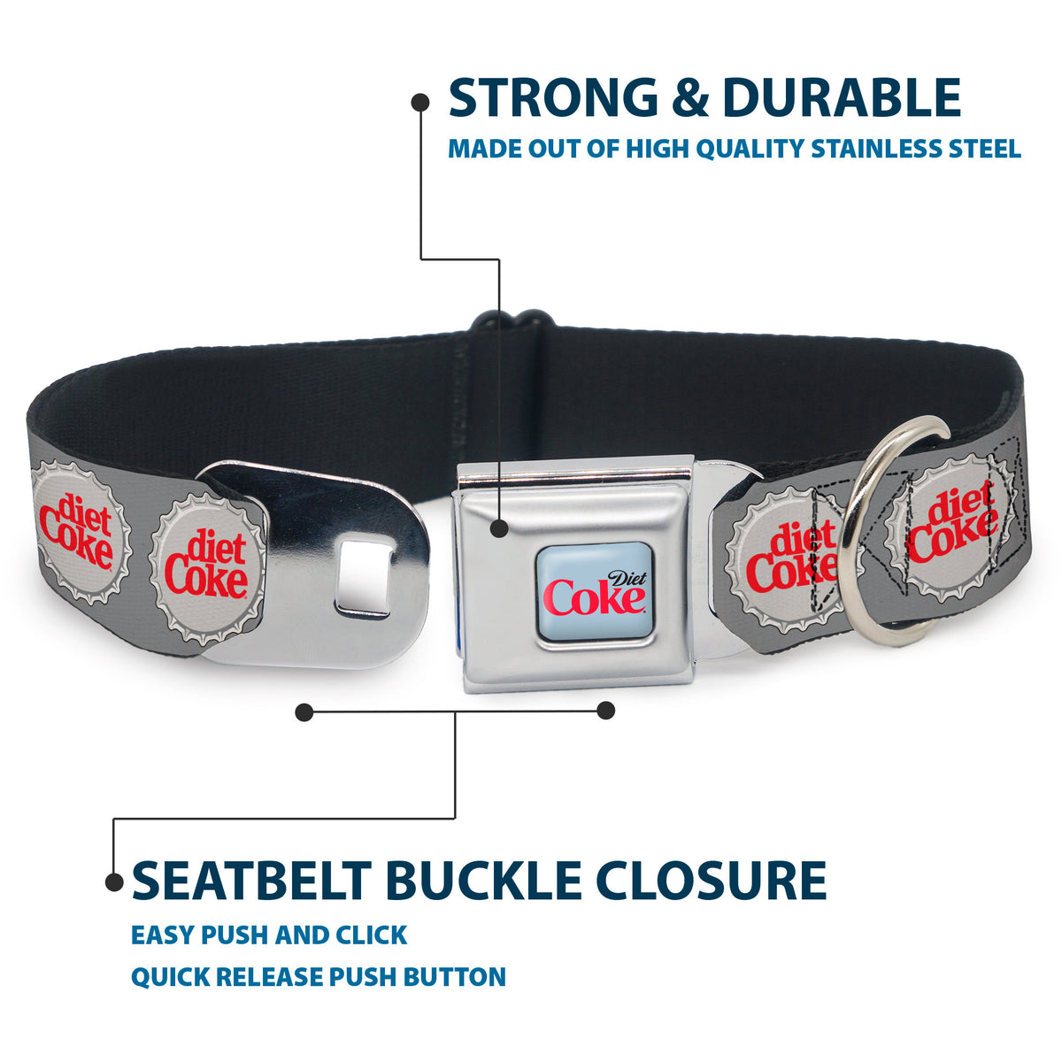 DIET COKE Logo Full Color Light Gray Seatbelt Buckle Collar - DIET COKE Bottle Caps Grays/White/Red Dog Collars Seatbelt Buckle Coca-Cola
