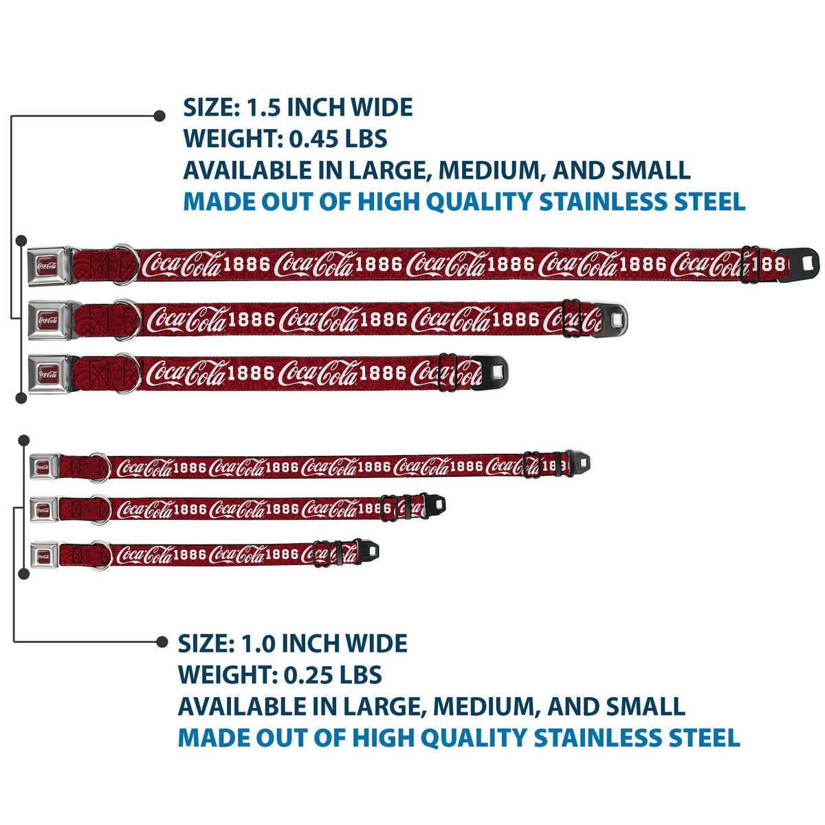 COCA-COLA Script Logo Full Color Burgundy/White Seatbelt Buckle Collar - COCA-COLA 1886 Script Logo Blues/White/Red Dog Collars Seatbelt Buckle Coca-Cola
