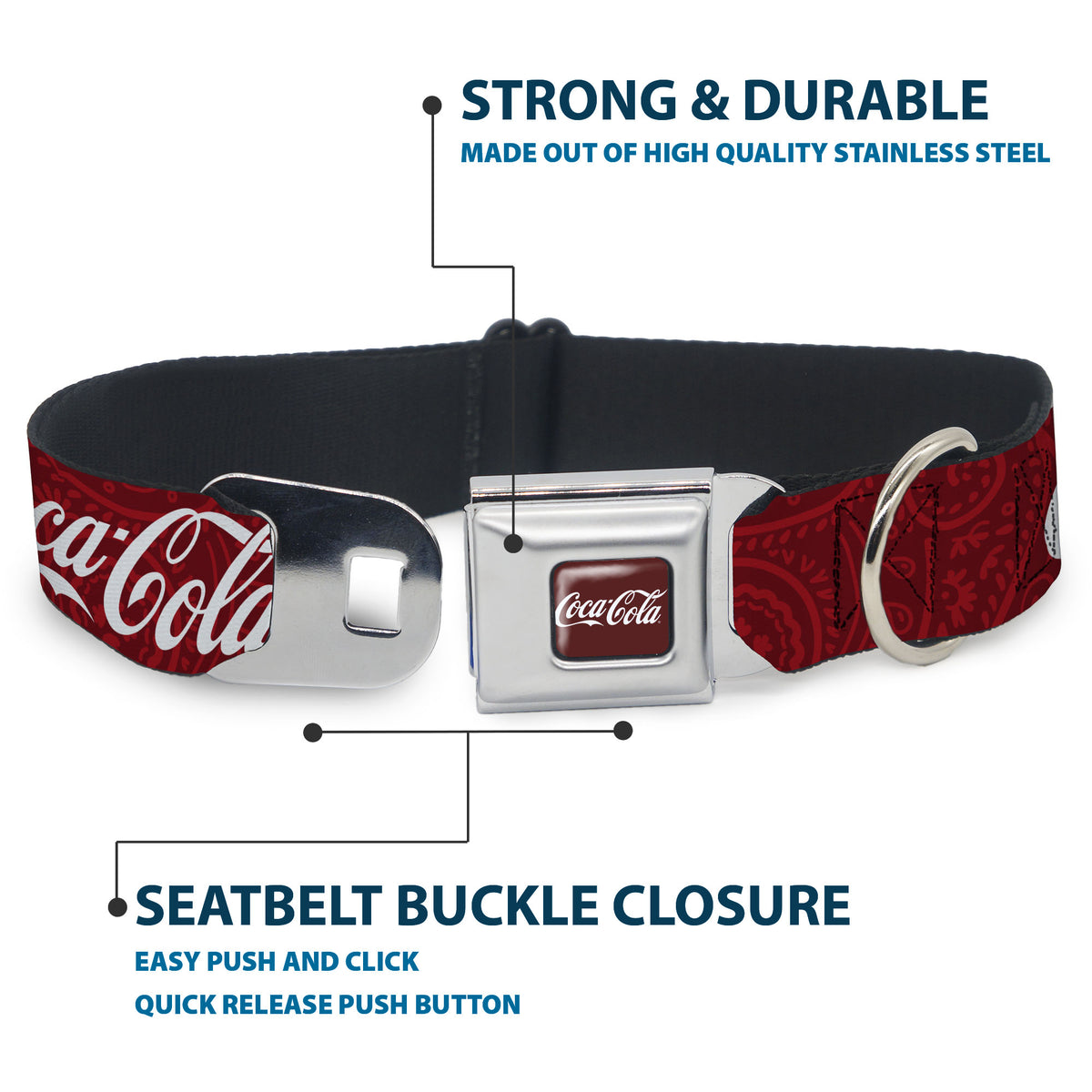 COCA-COLA Script Logo Full Color Burgundy/White Seatbelt Buckle Collar - COCA-COLA 1886 Script Logo Blues/White/Red Dog Collars Seatbelt Buckle Coca-Cola