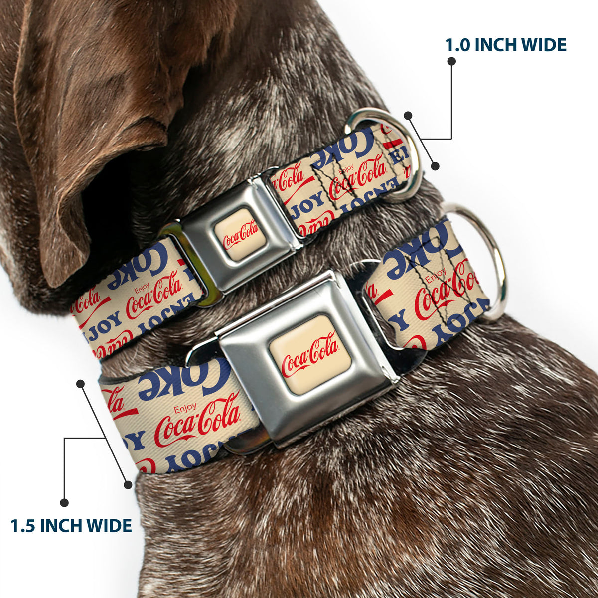 COCA-COLA Script Logo Full Color Beige/Red Seatbelt Buckle Collar - ENJOY COCA-COLA COKE Logos Collage Beige/Red/Blue Dog Collars Seatbelt Buckle Coca-Cola