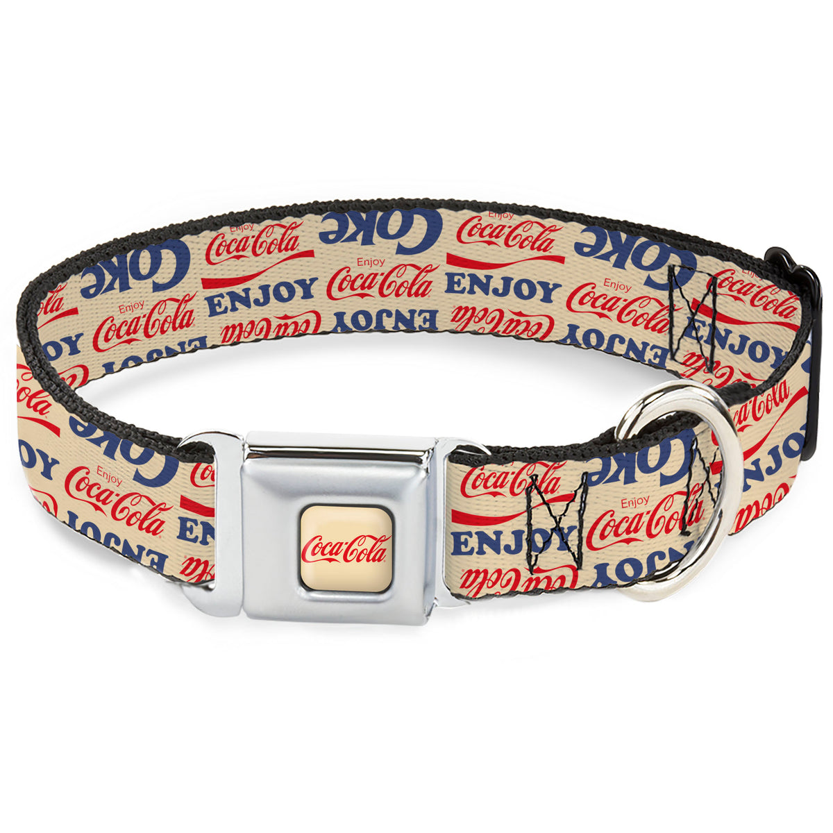 COCA-COLA Script Logo Full Color Beige/Red Seatbelt Buckle Collar - ENJOY COCA-COLA COKE Logos Collage Beige/Red/Blue Dog Collars Seatbelt Buckle Coca-Cola