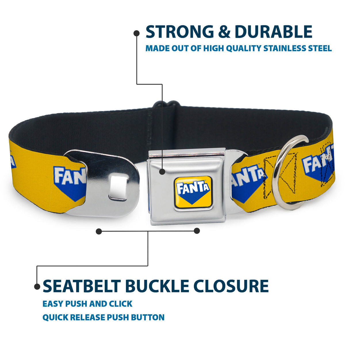 FANTA Logo Full Color Pineapple Yellow/Blue/White Seatbelt Buckle Collar - FANTA Logo Pineapple Yellow/Blue/White Dog Collars Seatbelt Buckle Coca-Cola