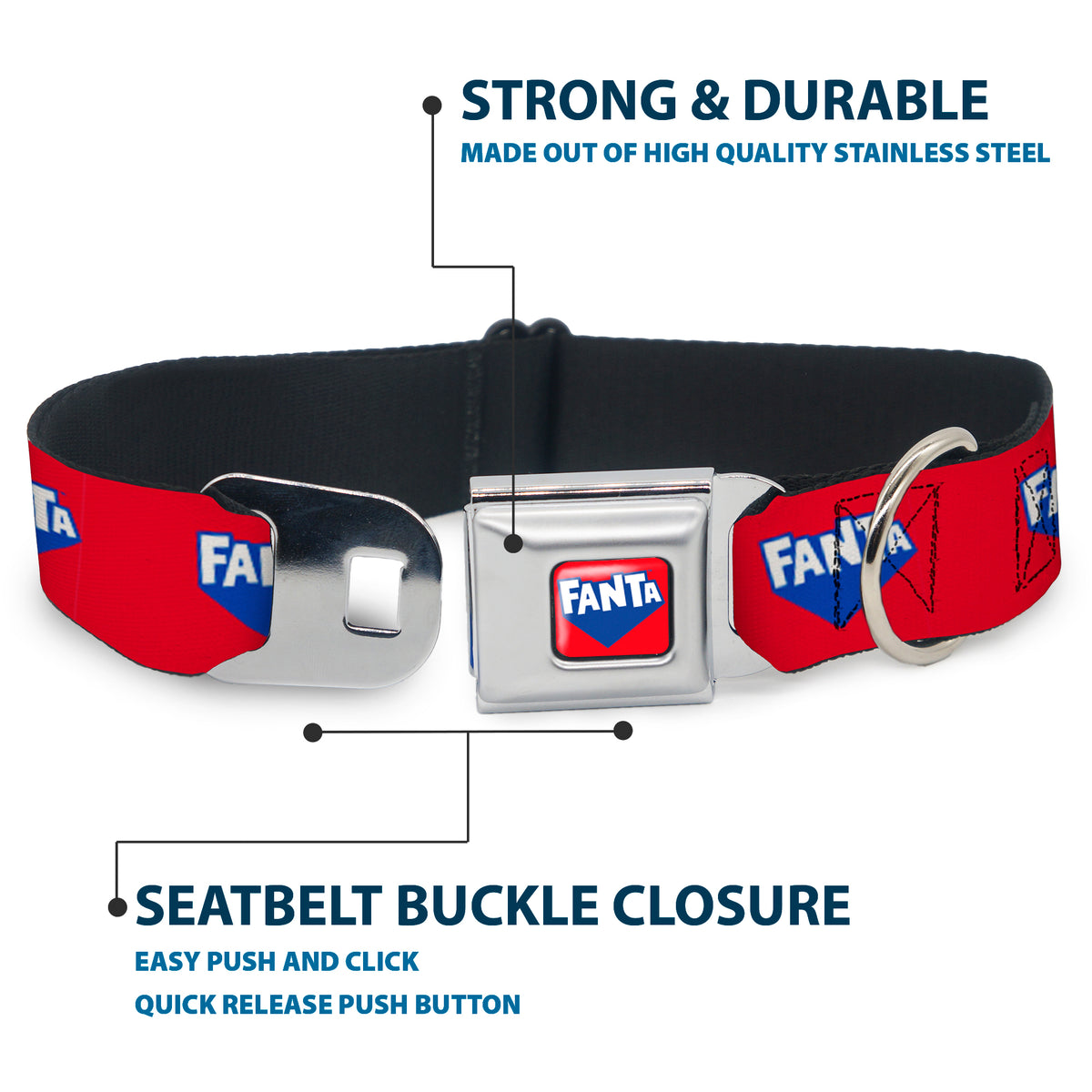 FANTA Logo Full Color Strawberry Red/Blue/White Seatbelt Buckle Collar - FANTA Logo Strawberry Red/Blue/White Dog Collars Seatbelt Buckle Coca-Cola