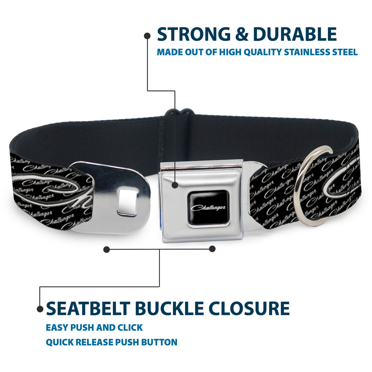 CHALLENGER Script Black Silver Seatbelt Buckle Collar - CHALLENGER Repeat w/Text Black/White Dog Collars Seatbelt Buckle Dodge