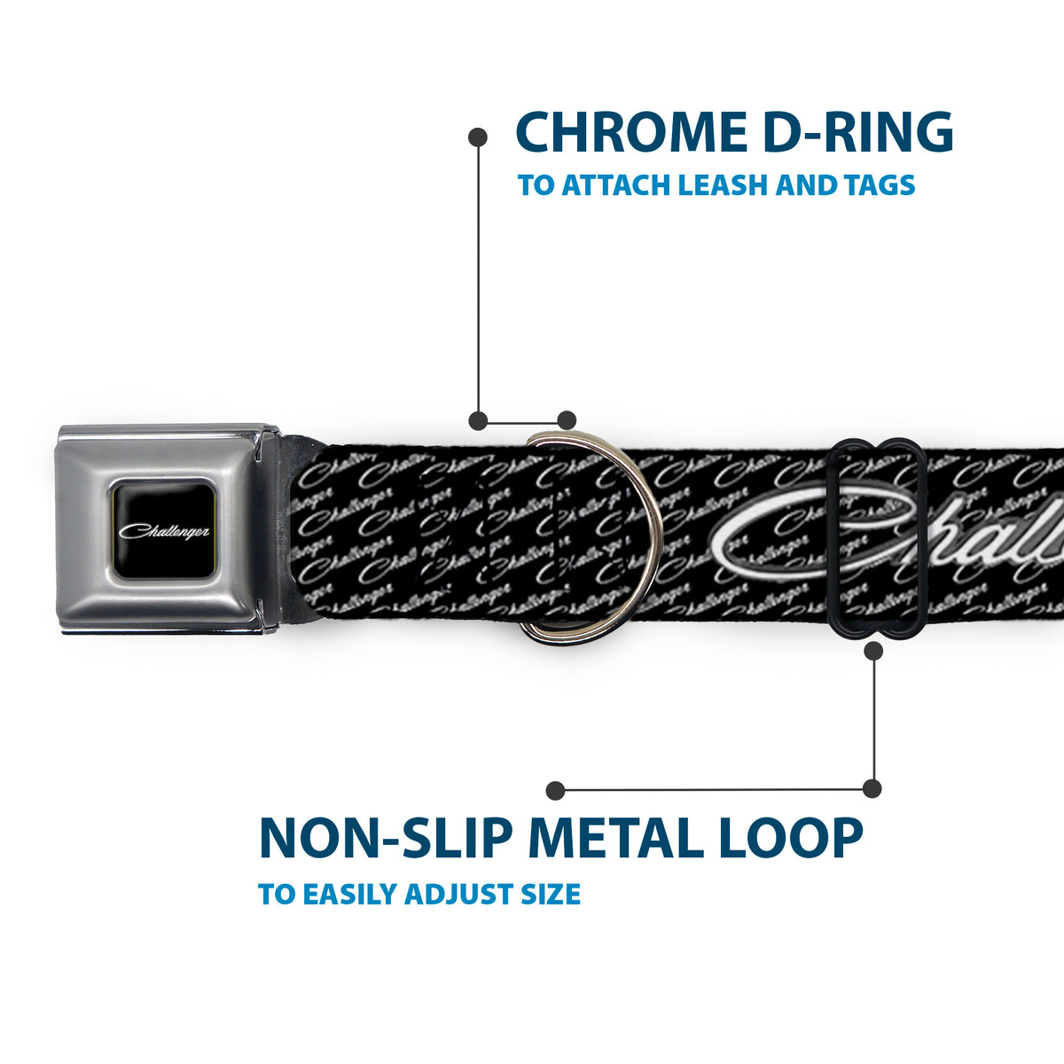 CHALLENGER Script Black Silver Seatbelt Buckle Collar - CHALLENGER Repeat w/Text Black/White Dog Collars Seatbelt Buckle Dodge