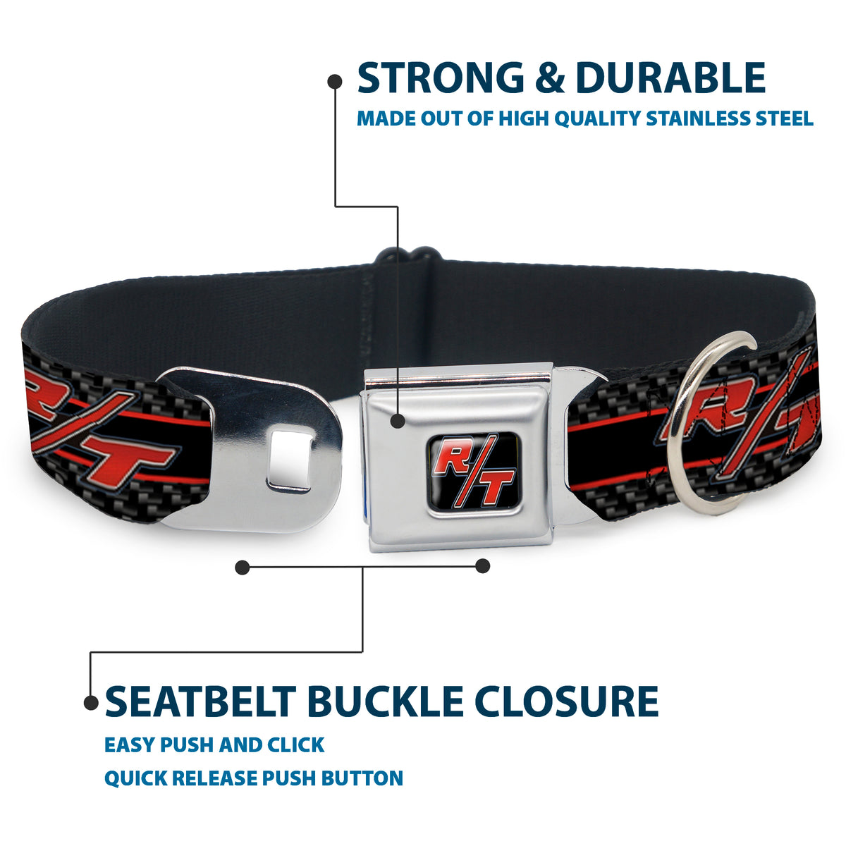 Dodge Challenger R/T Emblem Full Color Black/White/Red Seatbelt Buckle Collar - Dodge Challenger R/T Emblem/Carbon Fiber Stripe Grays/Black/Red Dog Collars Seatbelt Buckle Dodge
