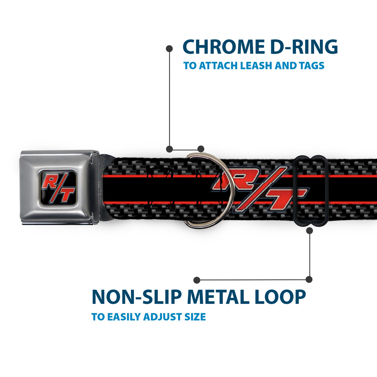 Dodge Challenger R/T Emblem Full Color Black/White/Red Seatbelt Buckle Collar - Dodge Challenger R/T Emblem/Carbon Fiber Stripe Grays/Black/Red Dog Collars Seatbelt Buckle Dodge