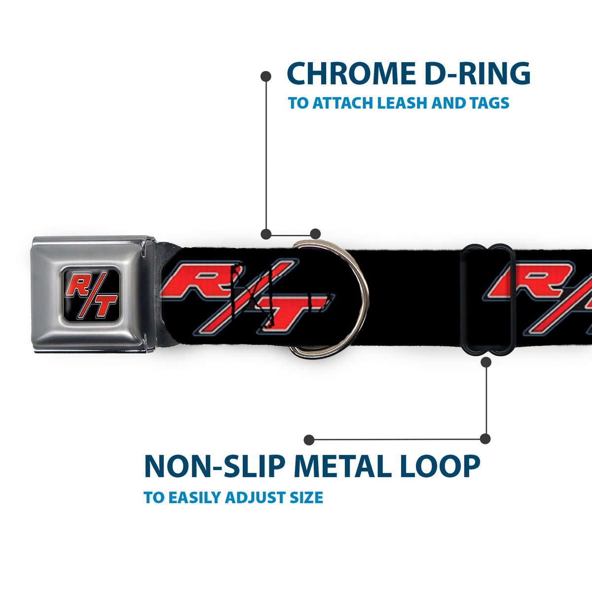 Dodge Challenger R/T Emblem Full Color Black/White/Red Seatbelt Buckle Collar - Dodge Challenger R/T Emblem Repeat Black/Blue/White/Red Dog Collars Seatbelt Buckle Dodge