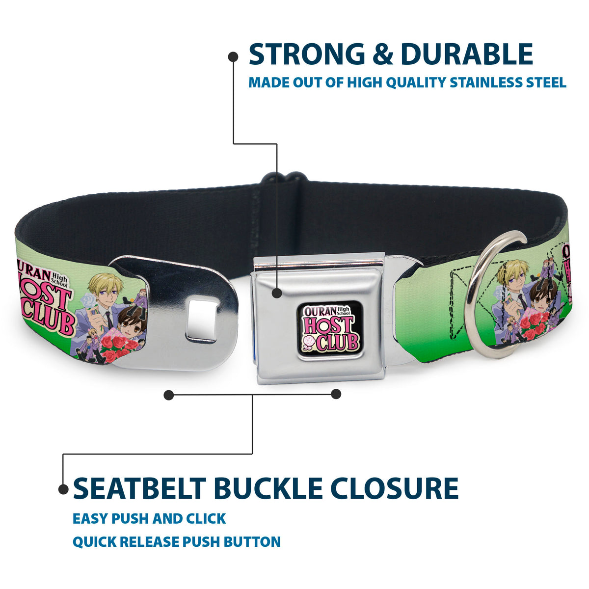 OURAN HIGH SCHOOL HOST CLUB Title Logo Full Color Black Seatbelt Buckle Collar - OURAN HIGH SCHOOL HOST CLUB Haruhi and Friends Group Pose and Title Logo Greens Dog Collars Seatbelt Buckle Ouran High School Host Club