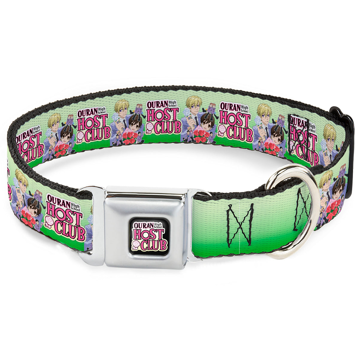 OURAN HIGH SCHOOL HOST CLUB Title Logo Full Color Black Seatbelt Buckle Collar - OURAN HIGH SCHOOL HOST CLUB Haruhi and Friends Group Pose and Title Logo Greens Dog Collars Seatbelt Buckle Ouran High School Host Club