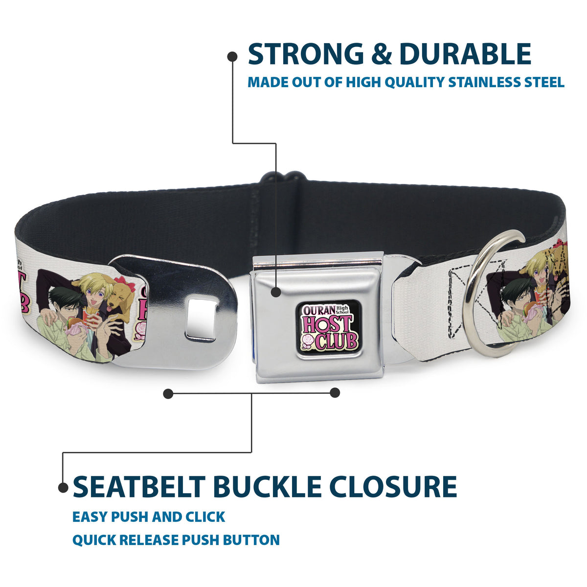 OURAN HIGH SCHOOL HOST CLUB Title Logo Full Color Black Seatbelt Buckle Collar - OURAN HIGH SCHOOL HOST CLUB Kyoya Haruhi and Antoinette Pose and Title Logo White Dog Collars Seatbelt Buckle Ouran High School Host Club