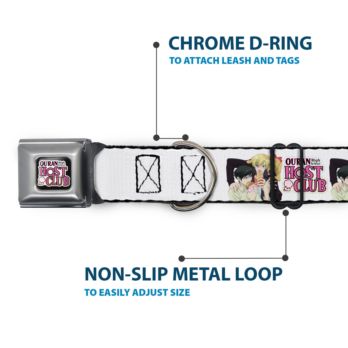 OURAN HIGH SCHOOL HOST CLUB Title Logo Full Color Black Seatbelt Buckle Collar - OURAN HIGH SCHOOL HOST CLUB Kyoya Haruhi and Antoinette Pose and Title Logo White Dog Collars Seatbelt Buckle Ouran High School Host Club