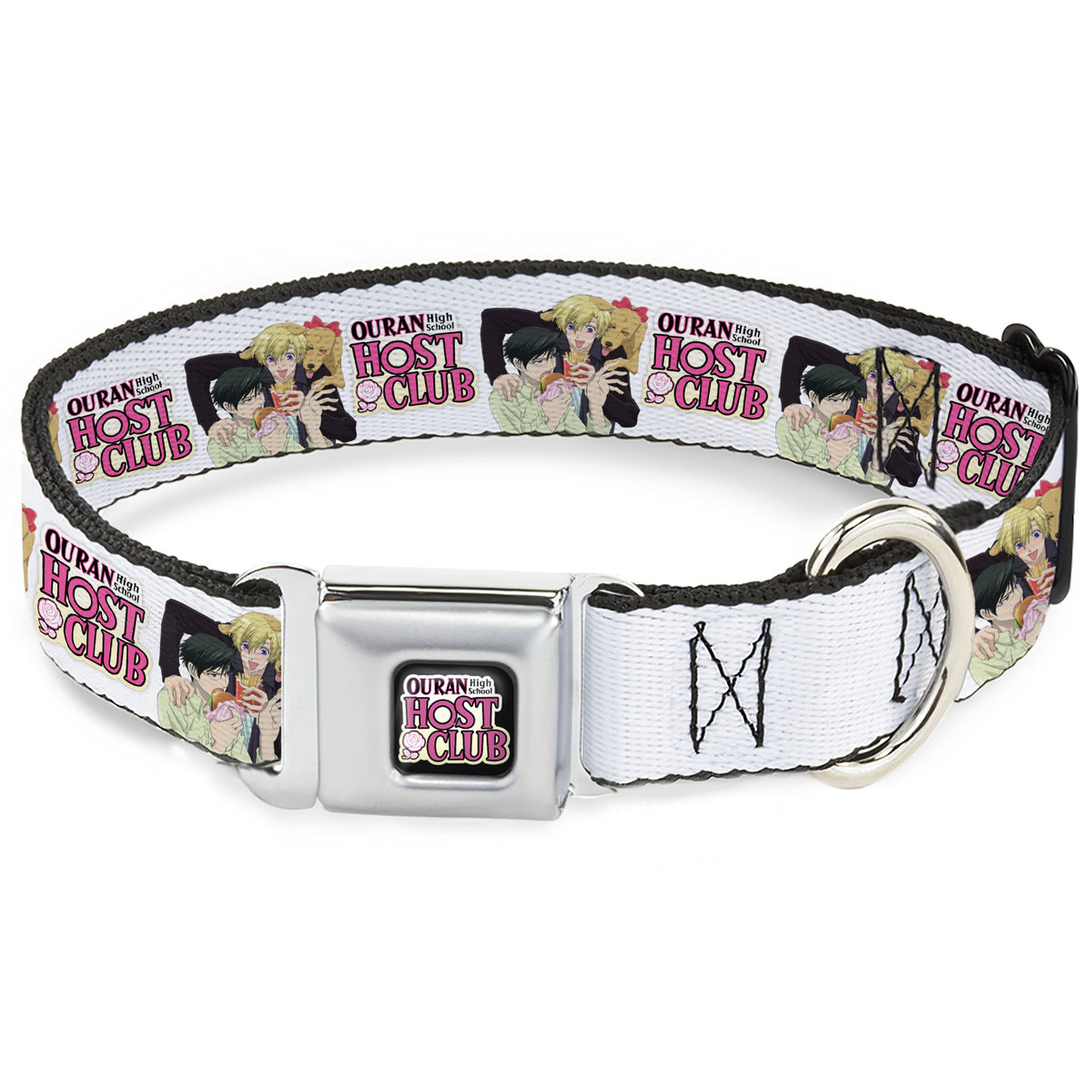OURAN HIGH SCHOOL HOST CLUB Title Logo Full Color Black Seatbelt Buckle Collar - OURAN HIGH SCHOOL HOST CLUB Kyoya Haruhi and Antoinette Pose and Title Logo White Dog Collars Seatbelt Buckle Ouran High School Host Club