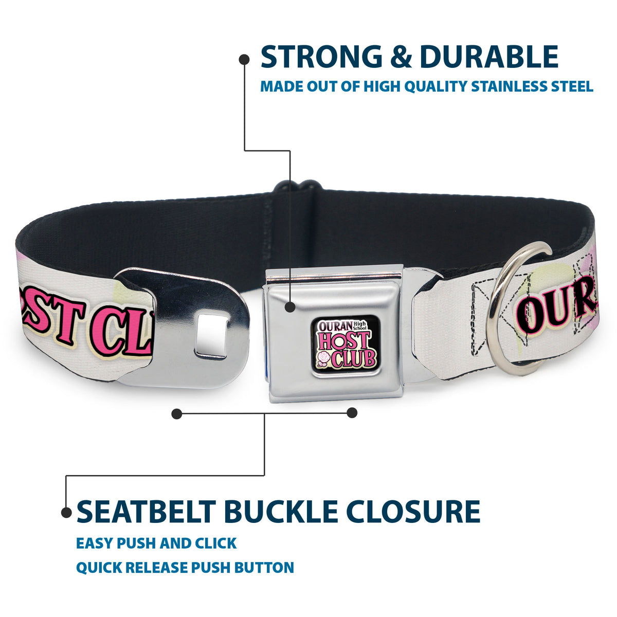 OURAN HIGH SCHOOL HOST CLUB Title Logo Full Color Black Seatbelt Buckle Collar - OURAN HIGH SCHOOL Chibi Tamaki and Haruhi Pose and Title Logo White Dog Collars Seatbelt Buckle Ouran High School Host Club
