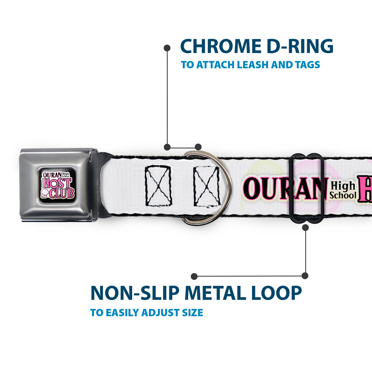 OURAN HIGH SCHOOL HOST CLUB Title Logo Full Color Black Seatbelt Buckle Collar - OURAN HIGH SCHOOL Chibi Tamaki and Haruhi Pose and Title Logo White Dog Collars Seatbelt Buckle Ouran High School Host Club