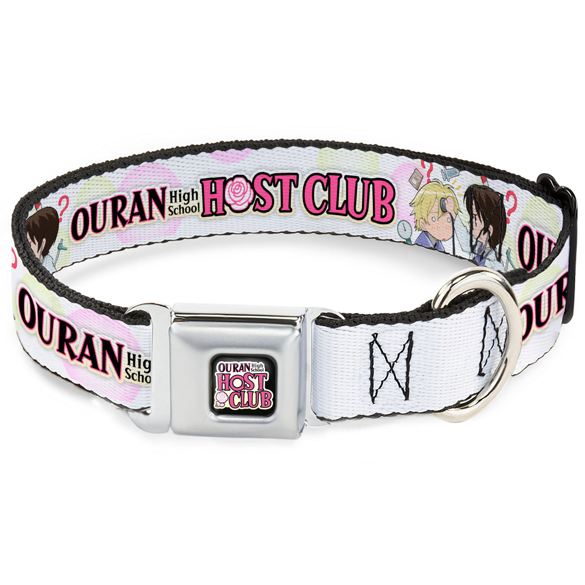 OURAN HIGH SCHOOL HOST CLUB Title Logo Full Color Black Seatbelt Buckle Collar - OURAN HIGH SCHOOL Chibi Tamaki and Haruhi Pose and Title Logo White Dog Collars Seatbelt Buckle Ouran High School Host Club