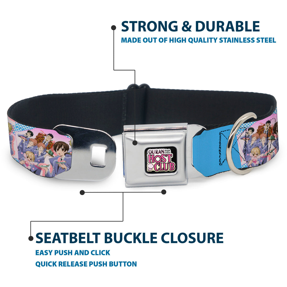 OURAN HIGH SCHOOL HOST CLUB Title Logo Full Color Black Seatbelt Buckle Collar - Ouran High School Host Club Seven Character Sushi Dining Pose Pink/Blue Dog Collars Seatbelt Buckle Ouran High School Host Club