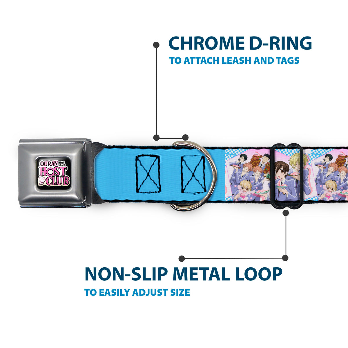OURAN HIGH SCHOOL HOST CLUB Title Logo Full Color Black Seatbelt Buckle Collar - Ouran High School Host Club Seven Character Sushi Dining Pose Pink/Blue Dog Collars Seatbelt Buckle Ouran High School Host Club