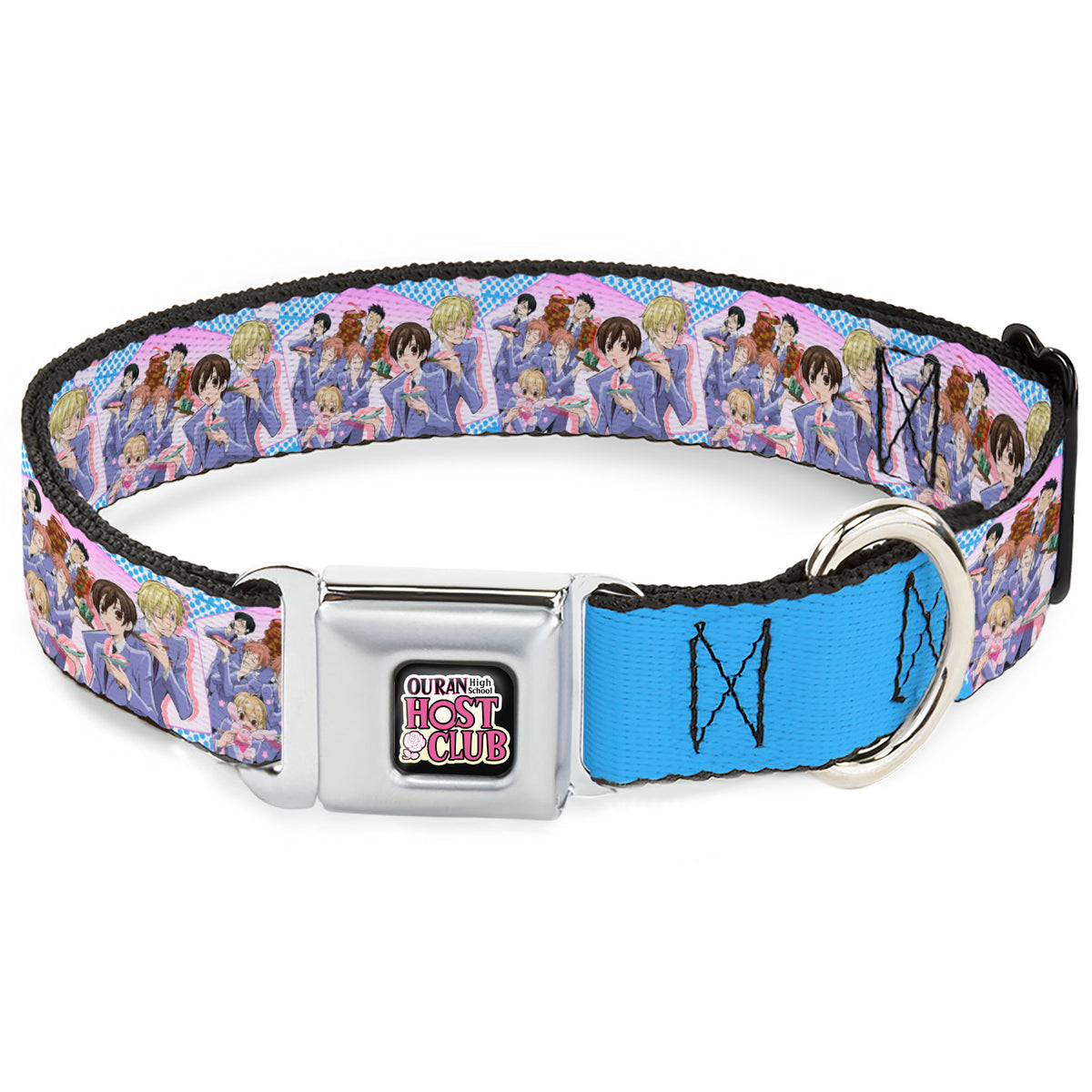 OURAN HIGH SCHOOL HOST CLUB Title Logo Full Color Black Seatbelt Buckle Collar - Ouran High School Host Club Seven Character Sushi Dining Pose Pink/Blue Dog Collars Seatbelt Buckle Ouran High School Host Club