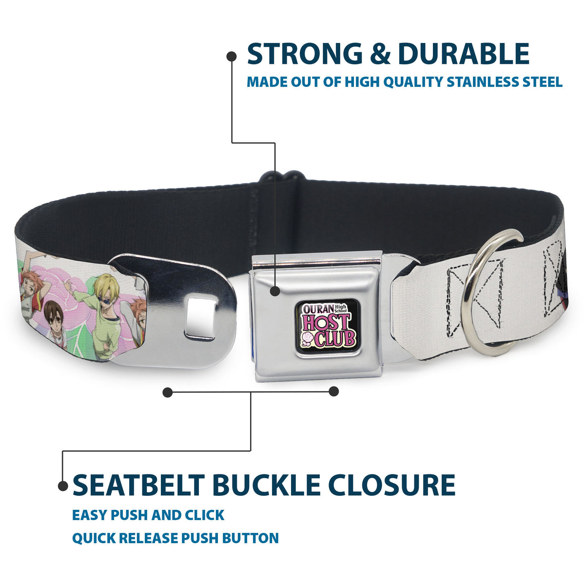 OURAN HIGH SCHOOL HOST CLUB Title Logo Full Color Black Seatbelt Buckle Collar - OURAN HIGH SCHOOL Seven Character Group Pose and Title Logo White Dog Collars Seatbelt Buckle Ouran High School Host Club