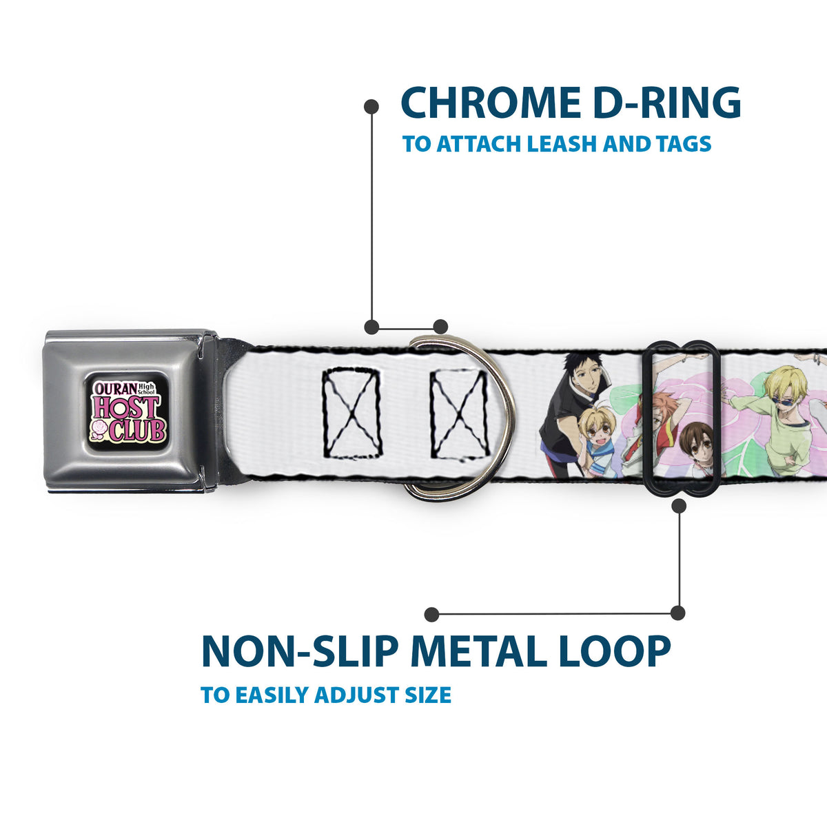 OURAN HIGH SCHOOL HOST CLUB Title Logo Full Color Black Seatbelt Buckle Collar - OURAN HIGH SCHOOL Seven Character Group Pose and Title Logo White Dog Collars Seatbelt Buckle Ouran High School Host Club