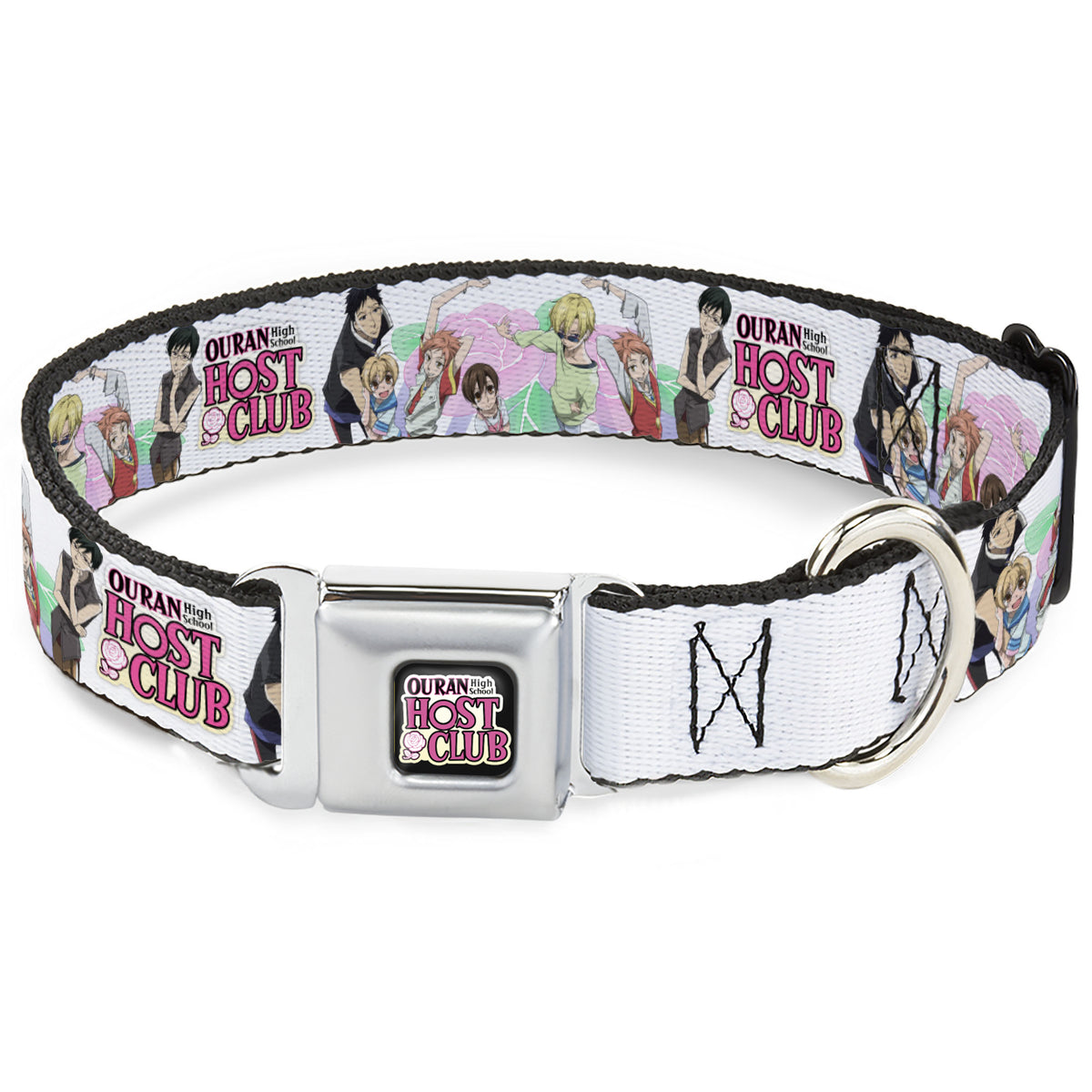 OURAN HIGH SCHOOL HOST CLUB Title Logo Full Color Black Seatbelt Buckle Collar - OURAN HIGH SCHOOL Seven Character Group Pose and Title Logo White Dog Collars Seatbelt Buckle Ouran High School Host Club