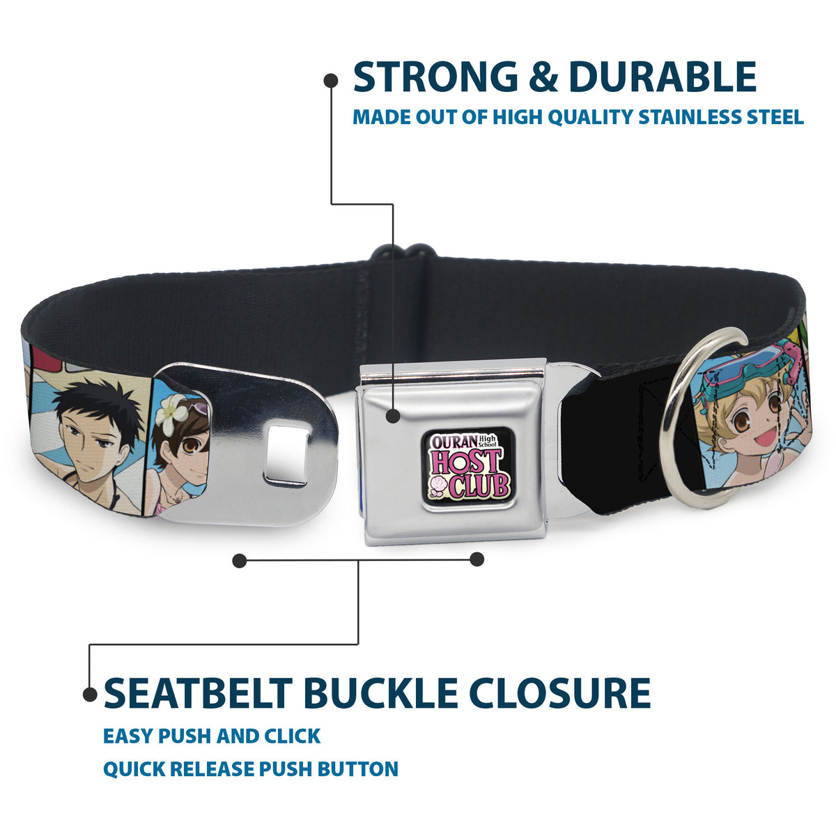 OURAN HIGH SCHOOL HOST CLUB Title Logo Full Color Black Seatbelt Buckle Collar - Ouran High School Host Club Seven Character Beach Day Pose Blocks Dog Collars Seatbelt Buckle Ouran High School Host Club