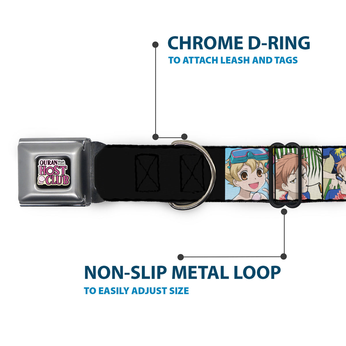 OURAN HIGH SCHOOL HOST CLUB Title Logo Full Color Black Seatbelt Buckle Collar - Ouran High School Host Club Seven Character Beach Day Pose Blocks Dog Collars Seatbelt Buckle Ouran High School Host Club