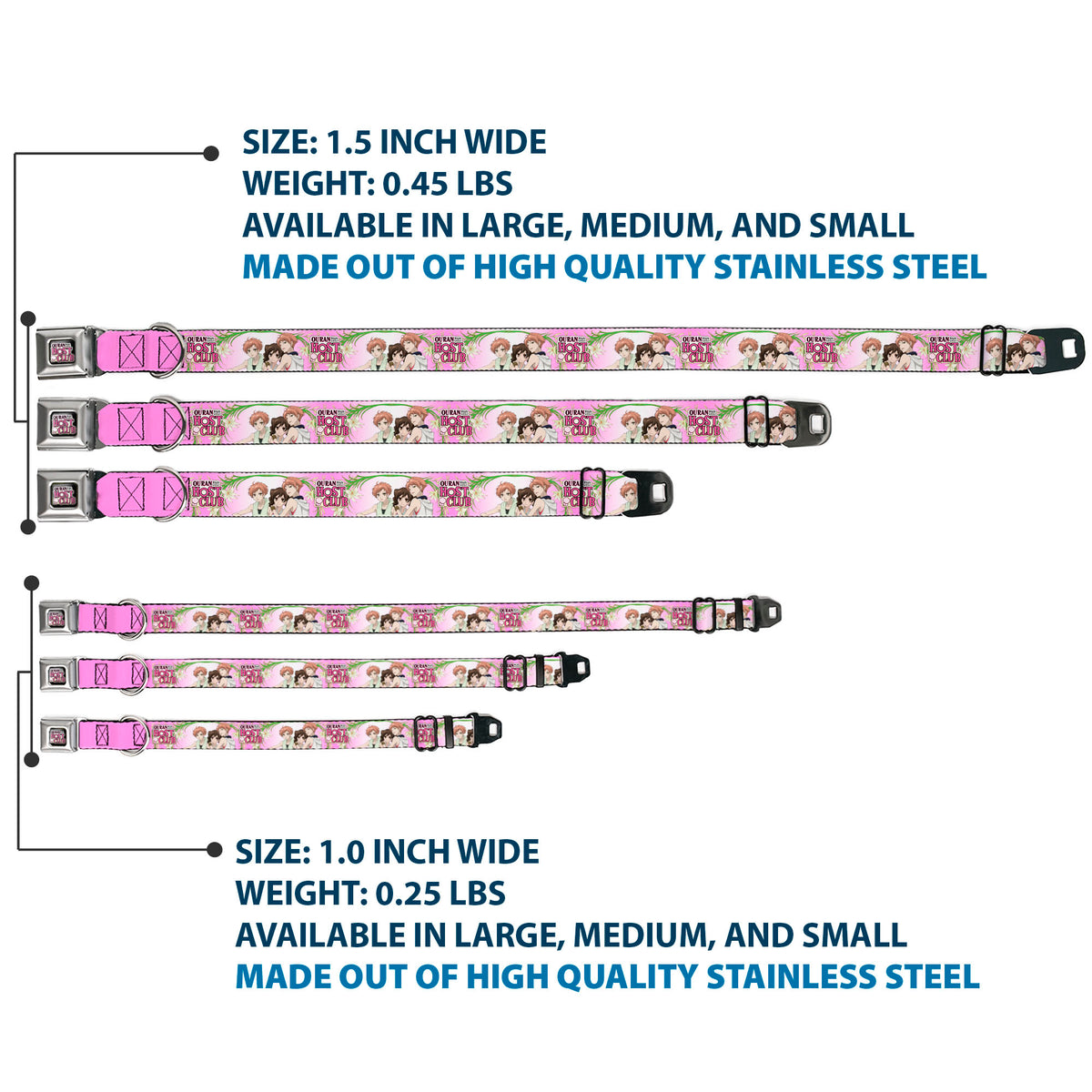 OURAN HIGH SCHOOL HOST CLUB Title Logo Full Color Black Seatbelt Buckle Collar - OURAN HIGH SCHOOL HOST CLUB Haruhi and Hitachiin Twins Lilies Pose and Title Logo Pinks Dog Collars Seatbelt Buckle Ouran High School Host Club