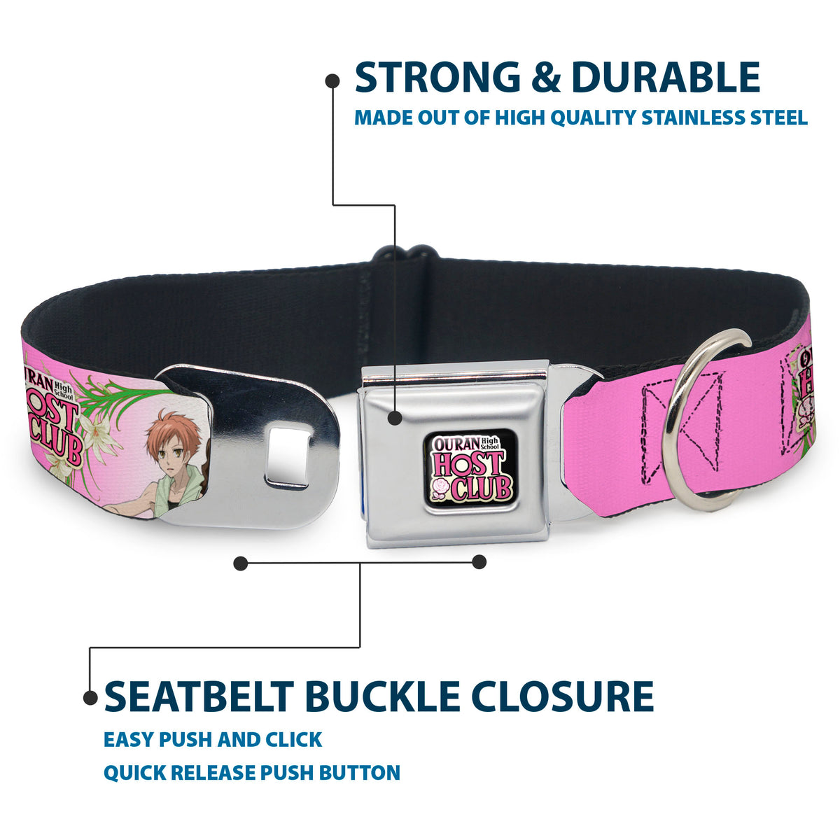 OURAN HIGH SCHOOL HOST CLUB Title Logo Full Color Black Seatbelt Buckle Collar - OURAN HIGH SCHOOL HOST CLUB Haruhi and Hitachiin Twins Lilies Pose and Title Logo Pinks Dog Collars Seatbelt Buckle Ouran High School Host Club