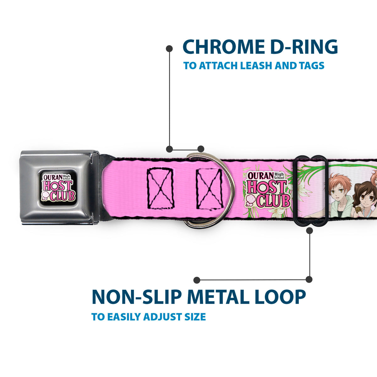 OURAN HIGH SCHOOL HOST CLUB Title Logo Full Color Black Seatbelt Buckle Collar - OURAN HIGH SCHOOL HOST CLUB Haruhi and Hitachiin Twins Lilies Pose and Title Logo Pinks Dog Collars Seatbelt Buckle Ouran High School Host Club