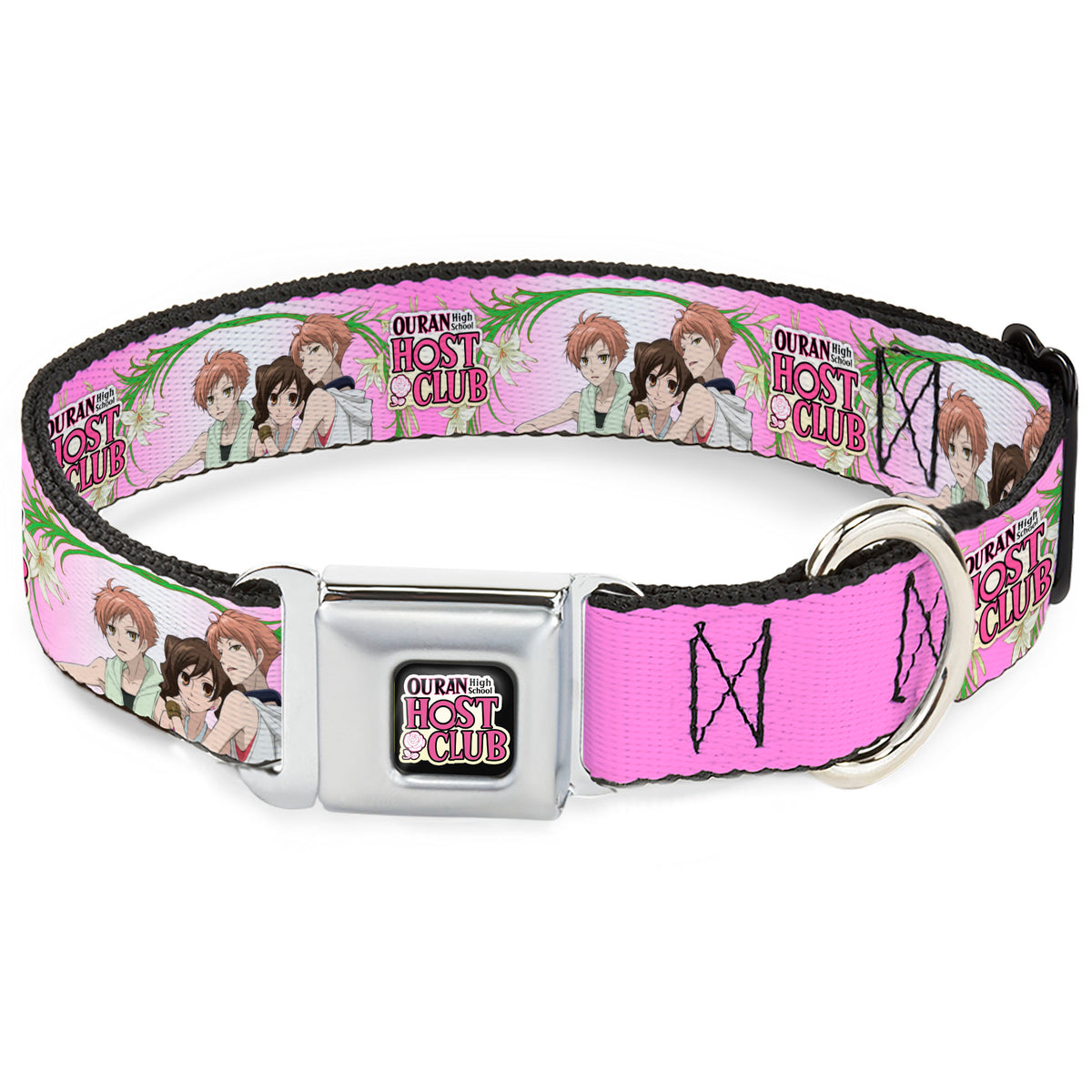 OURAN HIGH SCHOOL HOST CLUB Title Logo Full Color Black Seatbelt Buckle Collar - OURAN HIGH SCHOOL HOST CLUB Haruhi and Hitachiin Twins Lilies Pose and Title Logo Pinks Dog Collars Seatbelt Buckle Ouran High School Host Club