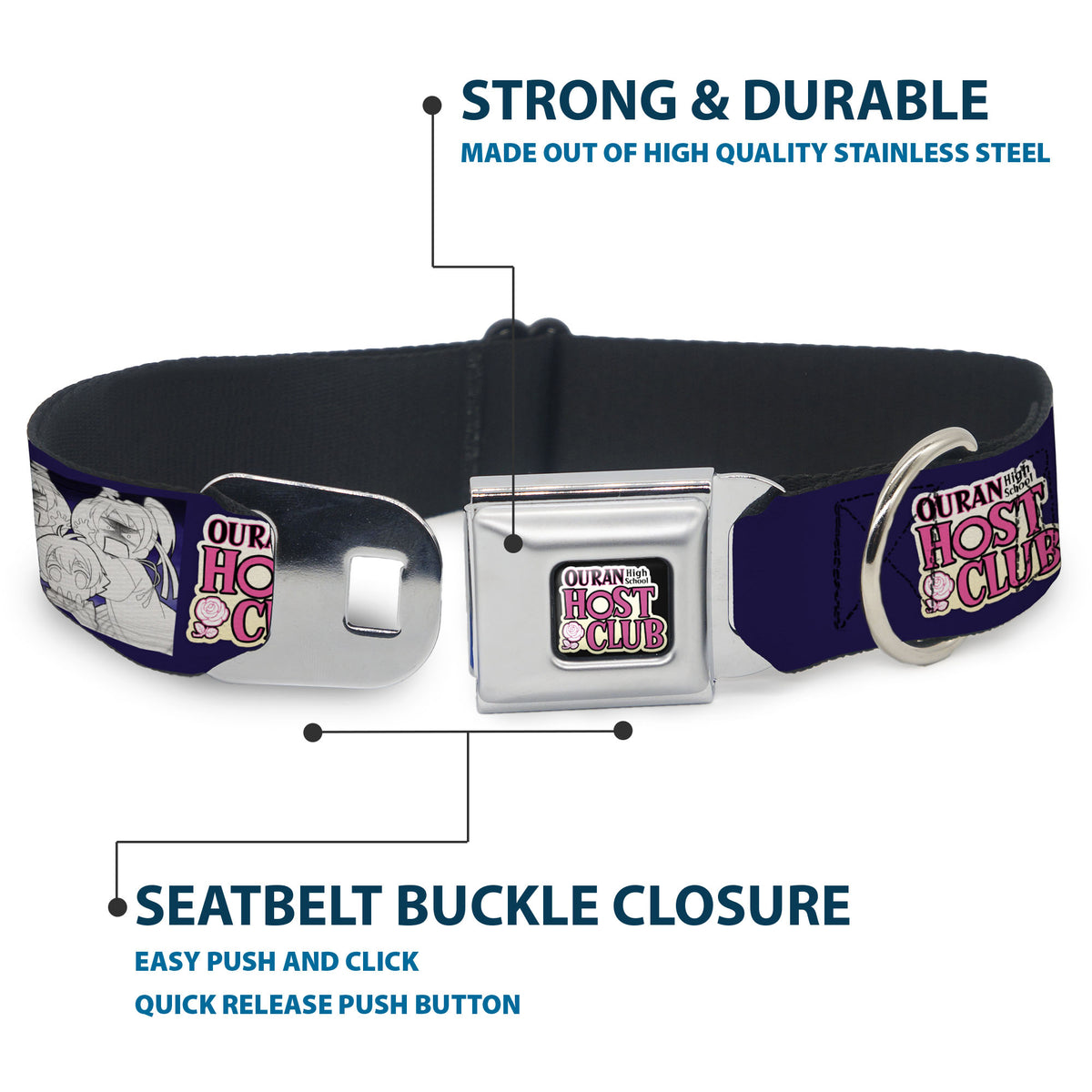 OURAN HIGH SCHOOL HOST CLUB Title Logo Full Color Black Seatbelt Buckle Collar - OURAN HIGH SCHOOL HOST CLUB Character Doodle and Title Logo Violet Dog Collars Seatbelt Buckle Ouran High School Host Club