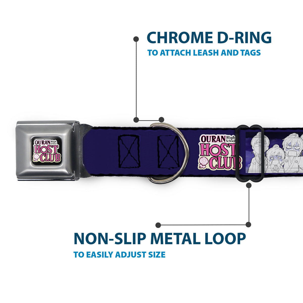OURAN HIGH SCHOOL HOST CLUB Title Logo Full Color Black Seatbelt Buckle Collar - OURAN HIGH SCHOOL HOST CLUB Character Doodle and Title Logo Violet Dog Collars Seatbelt Buckle Ouran High School Host Club