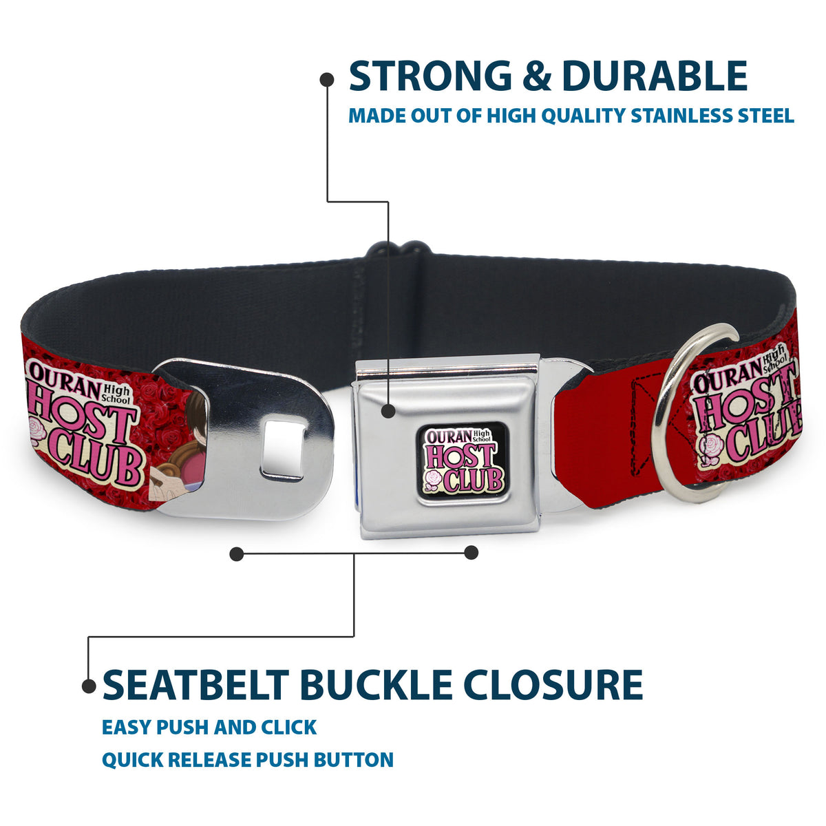 OURAN HIGH SCHOOL HOST CLUB Title Logo Full Color Black Seatbelt Buckle Collar - OURAN HIGH SCHOOL HOST CLUB Haruhi Smiling Pose with Roses and Title Logo Reds Dog Collars Seatbelt Buckle Ouran High School Host Club