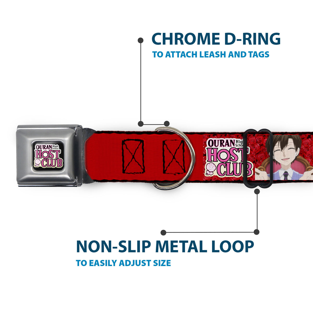 OURAN HIGH SCHOOL HOST CLUB Title Logo Full Color Black Seatbelt Buckle Collar - OURAN HIGH SCHOOL HOST CLUB Haruhi Smiling Pose with Roses and Title Logo Reds Dog Collars Seatbelt Buckle Ouran High School Host Club