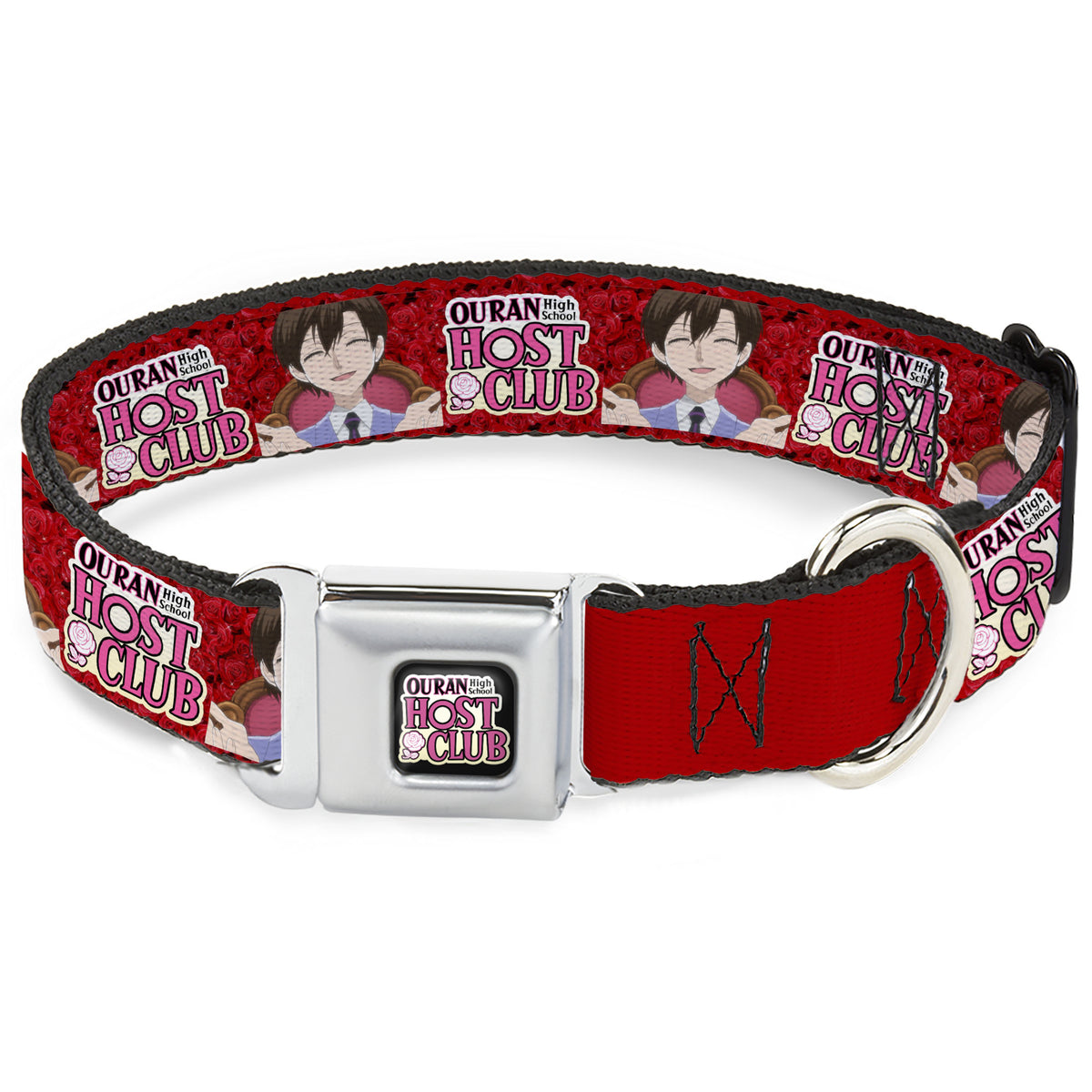 OURAN HIGH SCHOOL HOST CLUB Title Logo Full Color Black Seatbelt Buckle Collar - OURAN HIGH SCHOOL HOST CLUB Haruhi Smiling Pose with Roses and Title Logo Reds Dog Collars Seatbelt Buckle Ouran High School Host Club