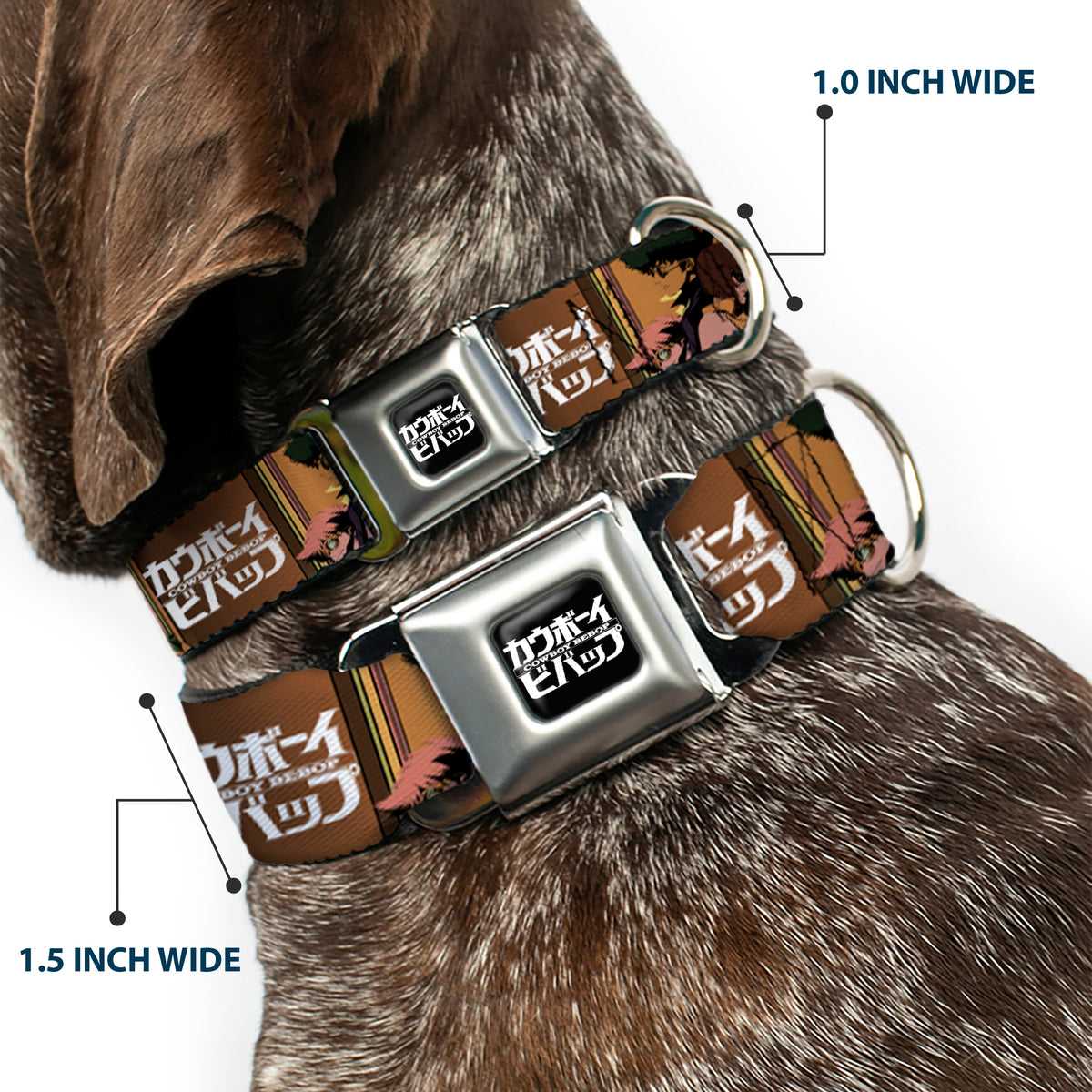 COWBOY BEBOP Title Logo Full Color Black/White Seatbelt Buckle Collar - COWBOY BEBOP Crew Group Pose and Title Logo Blocks Dog Collars Seatbelt Buckle Cowboy Bebop