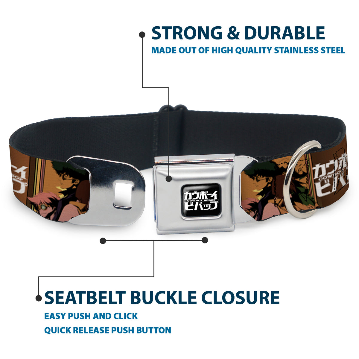 COWBOY BEBOP Title Logo Full Color Black/White Seatbelt Buckle Collar - COWBOY BEBOP Crew Group Pose and Title Logo Blocks Dog Collars Seatbelt Buckle Cowboy Bebop