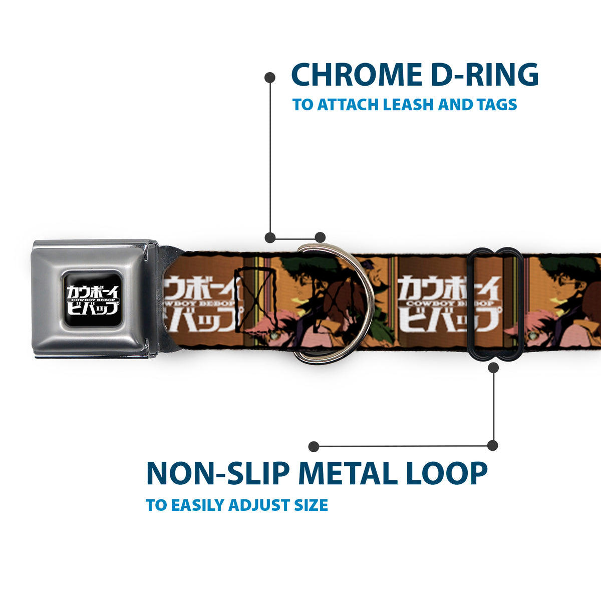 COWBOY BEBOP Title Logo Full Color Black/White Seatbelt Buckle Collar - COWBOY BEBOP Crew Group Pose and Title Logo Blocks Dog Collars Seatbelt Buckle Cowboy Bebop