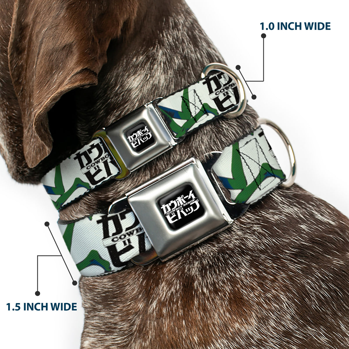 COWBOY BEBOP Title Logo Full Color Black/White Seatbelt Buckle Collar - COWBOY BEBOP Crew Group Pose and Title Logo White/Black/Greens Dog Collars Seatbelt Buckle Cowboy Bebop
