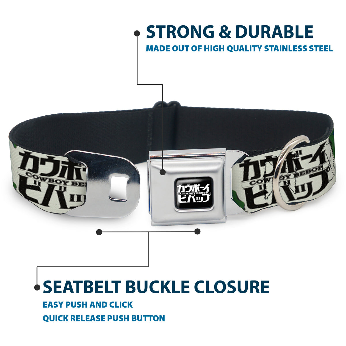 COWBOY BEBOP Title Logo Full Color Black/White Seatbelt Buckle Collar - COWBOY BEBOP Crew Group Pose and Title Logo White/Black/Greens Dog Collars Seatbelt Buckle Cowboy Bebop