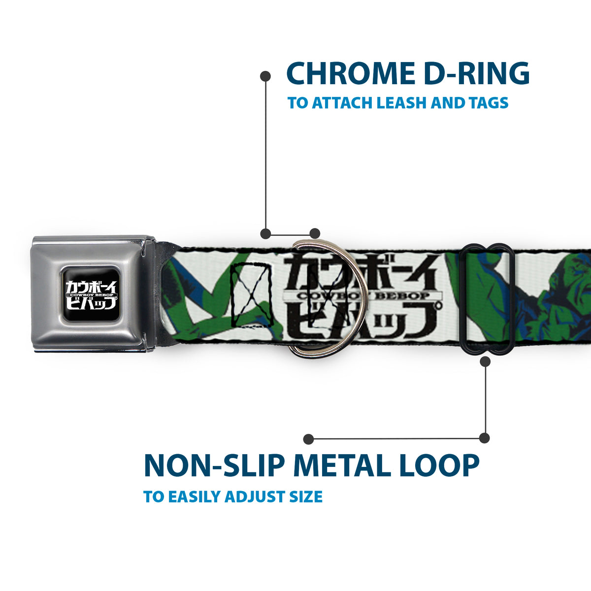 COWBOY BEBOP Title Logo Full Color Black/White Seatbelt Buckle Collar - COWBOY BEBOP Crew Group Pose and Title Logo White/Black/Greens Dog Collars Seatbelt Buckle Cowboy Bebop