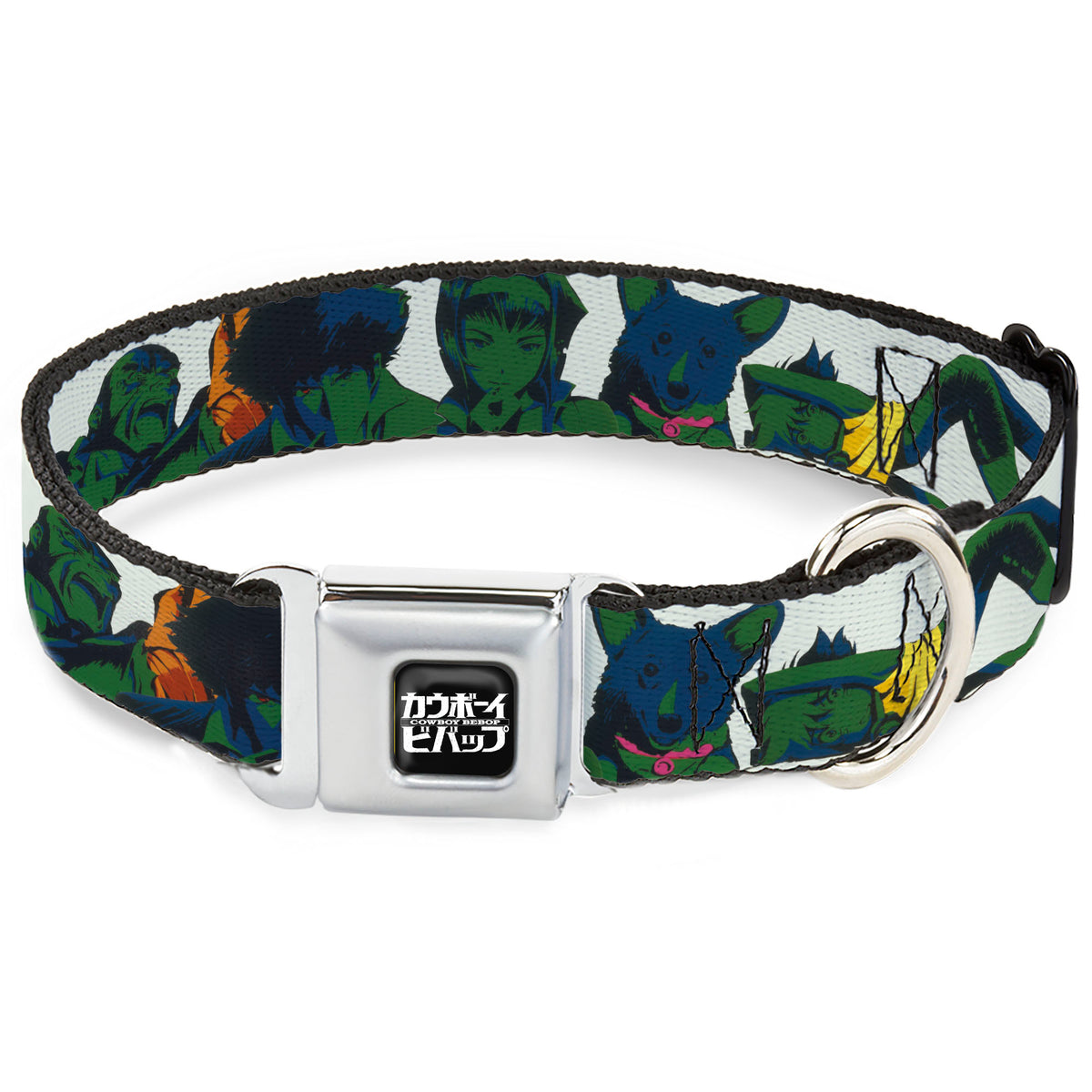 COWBOY BEBOP Title Logo Full Color Black/White Seatbelt Buckle Collar - COWBOY BEBOP Crew Group Pose and Title Logo White/Black/Greens Dog Collars Seatbelt Buckle Cowboy Bebop