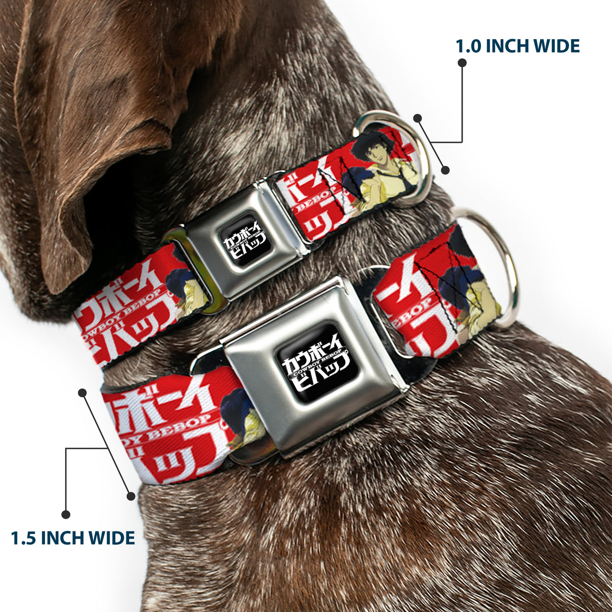 COWBOY BEBOP Title Logo Full Color Black/White Seatbelt Buckle Collar - COWBOY BEBOP Spike and Faye Back to Back Pose and Title Logo Red/White Dog Collars Seatbelt Buckle Cowboy Bebop