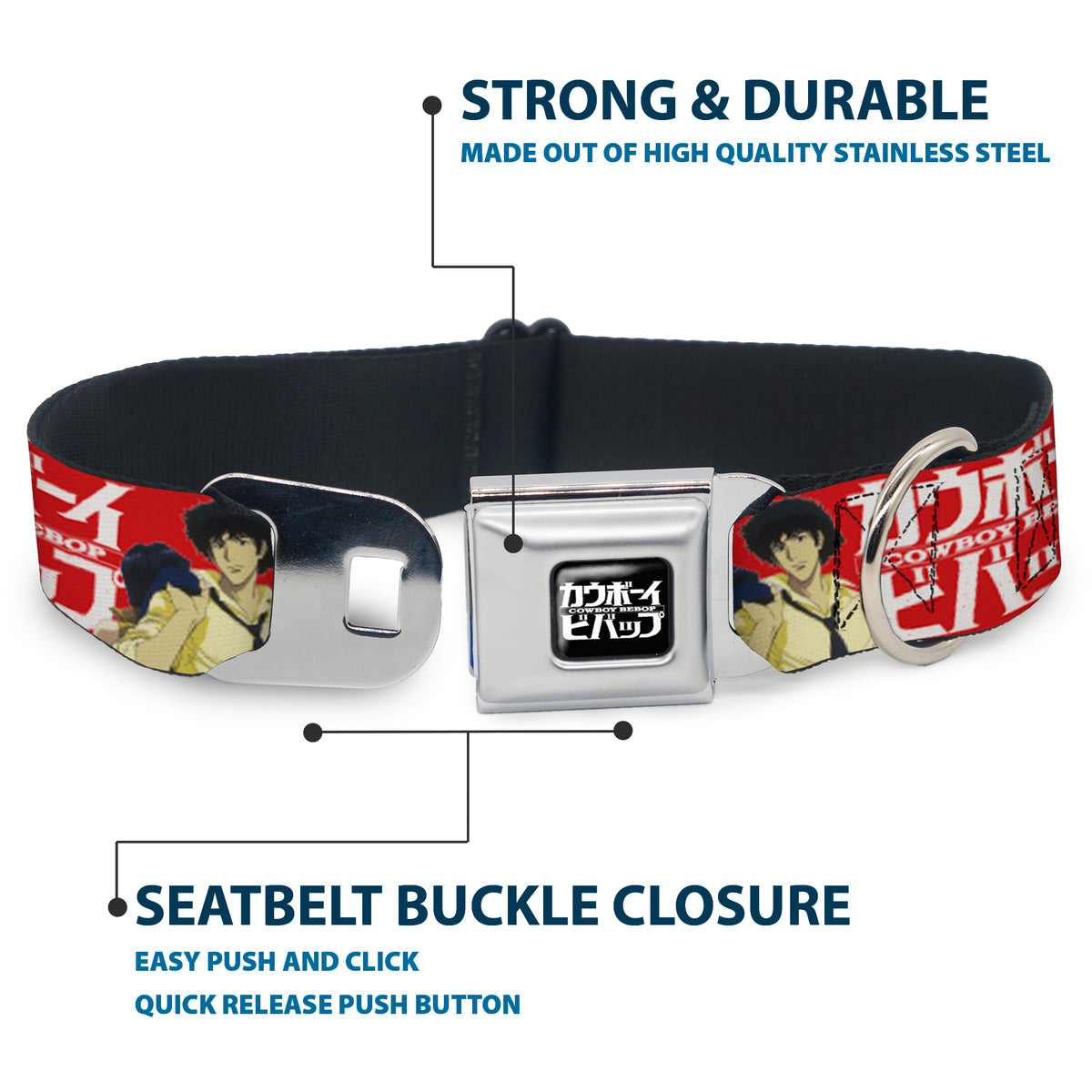COWBOY BEBOP Title Logo Full Color Black/White Seatbelt Buckle Collar - COWBOY BEBOP Spike and Faye Back to Back Pose and Title Logo Red/White Dog Collars Seatbelt Buckle Cowboy Bebop