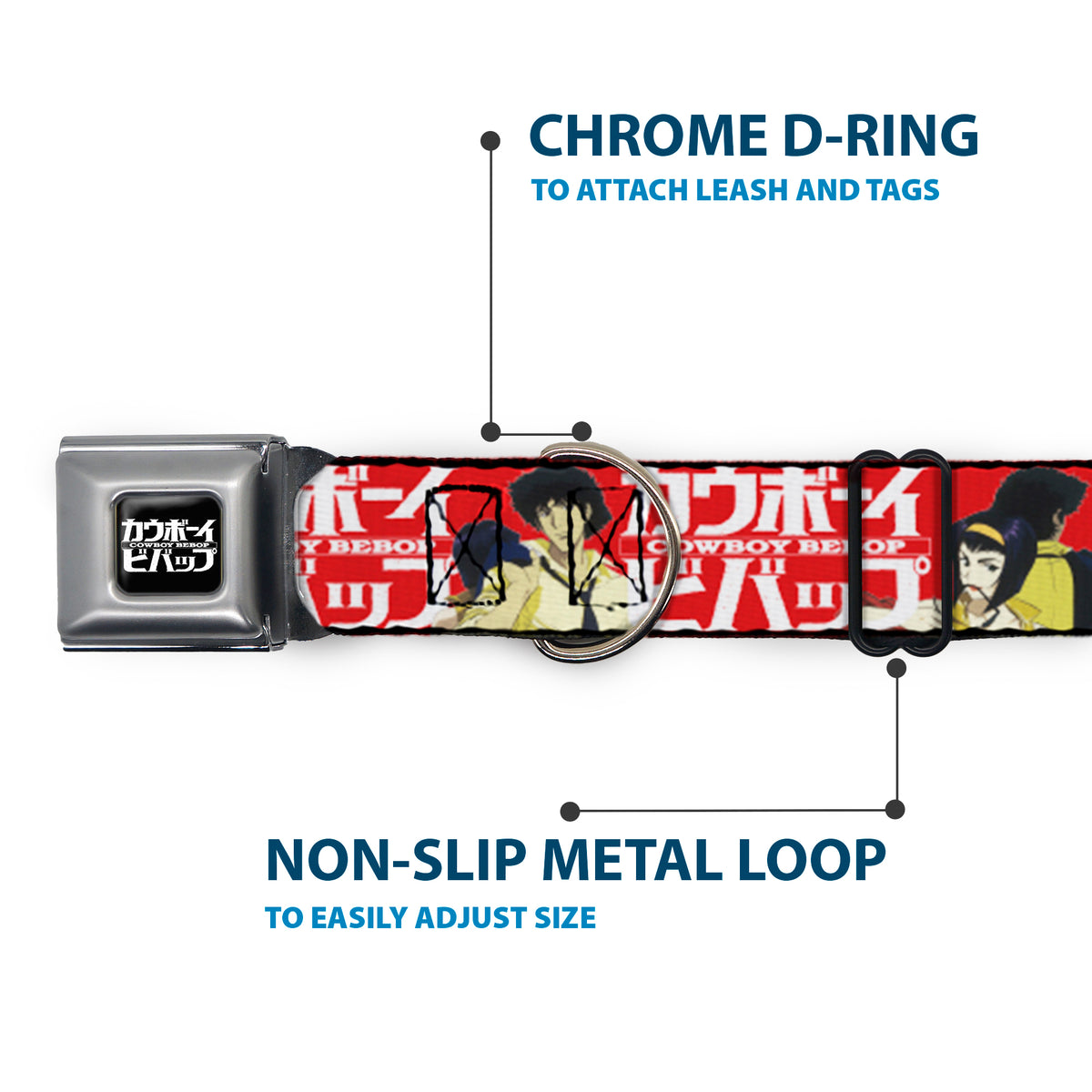 COWBOY BEBOP Title Logo Full Color Black/White Seatbelt Buckle Collar - COWBOY BEBOP Spike and Faye Back to Back Pose and Title Logo Red/White Dog Collars Seatbelt Buckle Cowboy Bebop