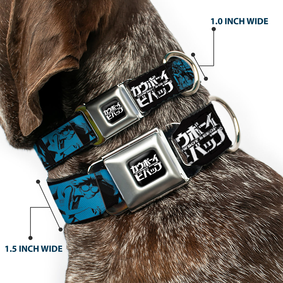 COWBOY BEBOP Title Logo Full Color Black/White Seatbelt Buckle Collar - COWBOY BEBOP Title Logo and Character Blocks Black/Blues Dog Collars Seatbelt Buckle Cowboy Bebop