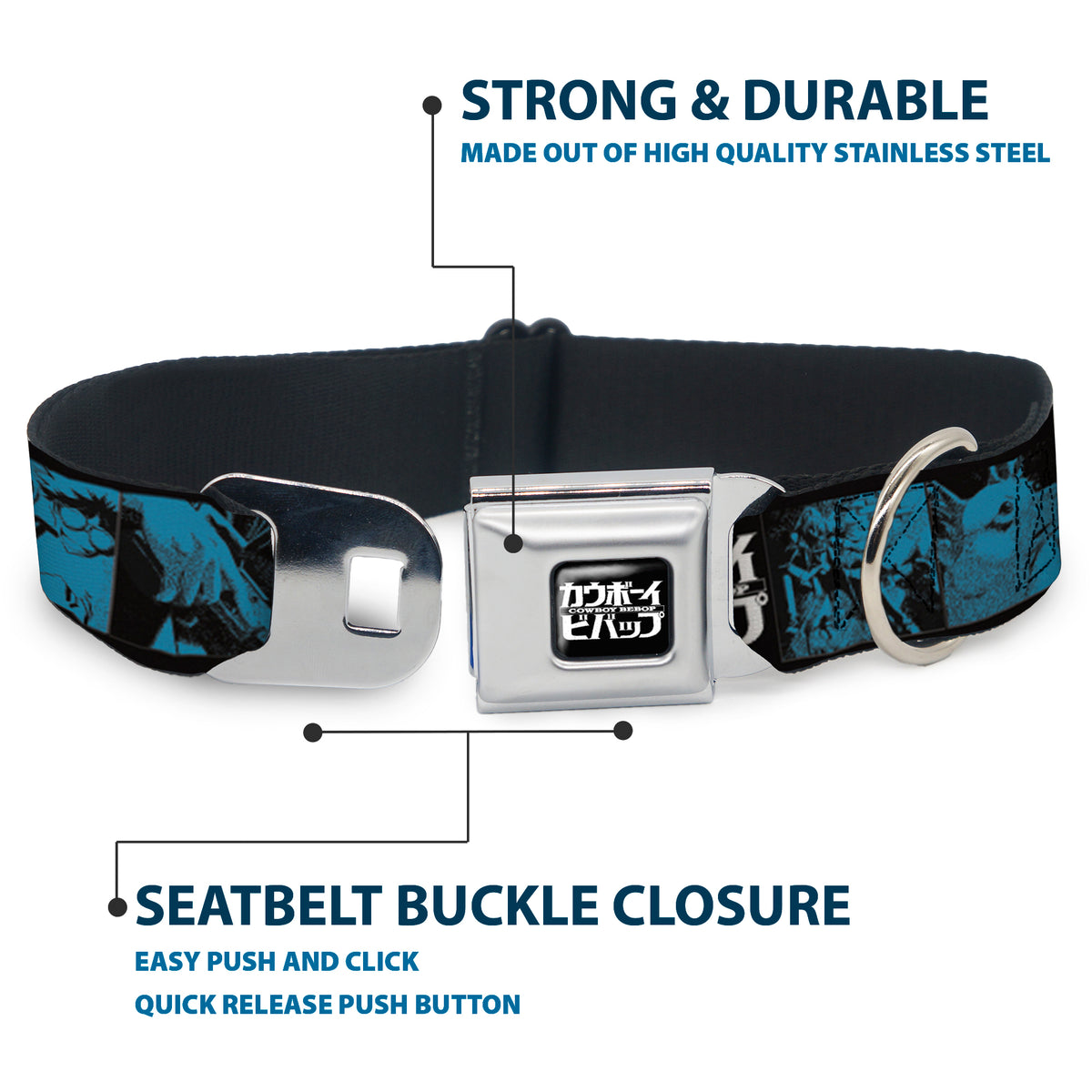 COWBOY BEBOP Title Logo Full Color Black/White Seatbelt Buckle Collar - COWBOY BEBOP Title Logo and Character Blocks Black/Blues Dog Collars Seatbelt Buckle Cowboy Bebop