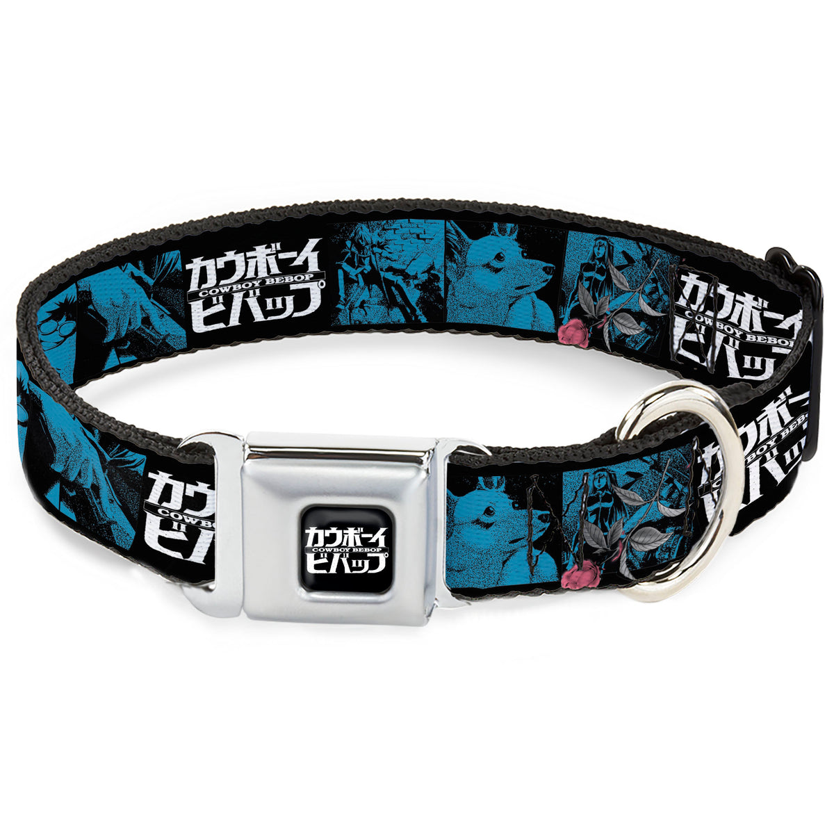 COWBOY BEBOP Title Logo Full Color Black/White Seatbelt Buckle Collar - COWBOY BEBOP Title Logo and Character Blocks Black/Blues Dog Collars Seatbelt Buckle Cowboy Bebop